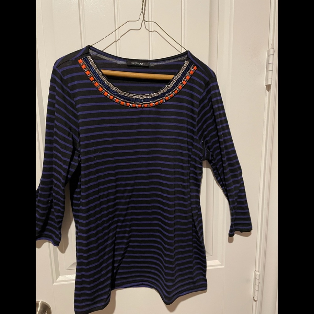 3/4 sleeve  striped top with beaded detail